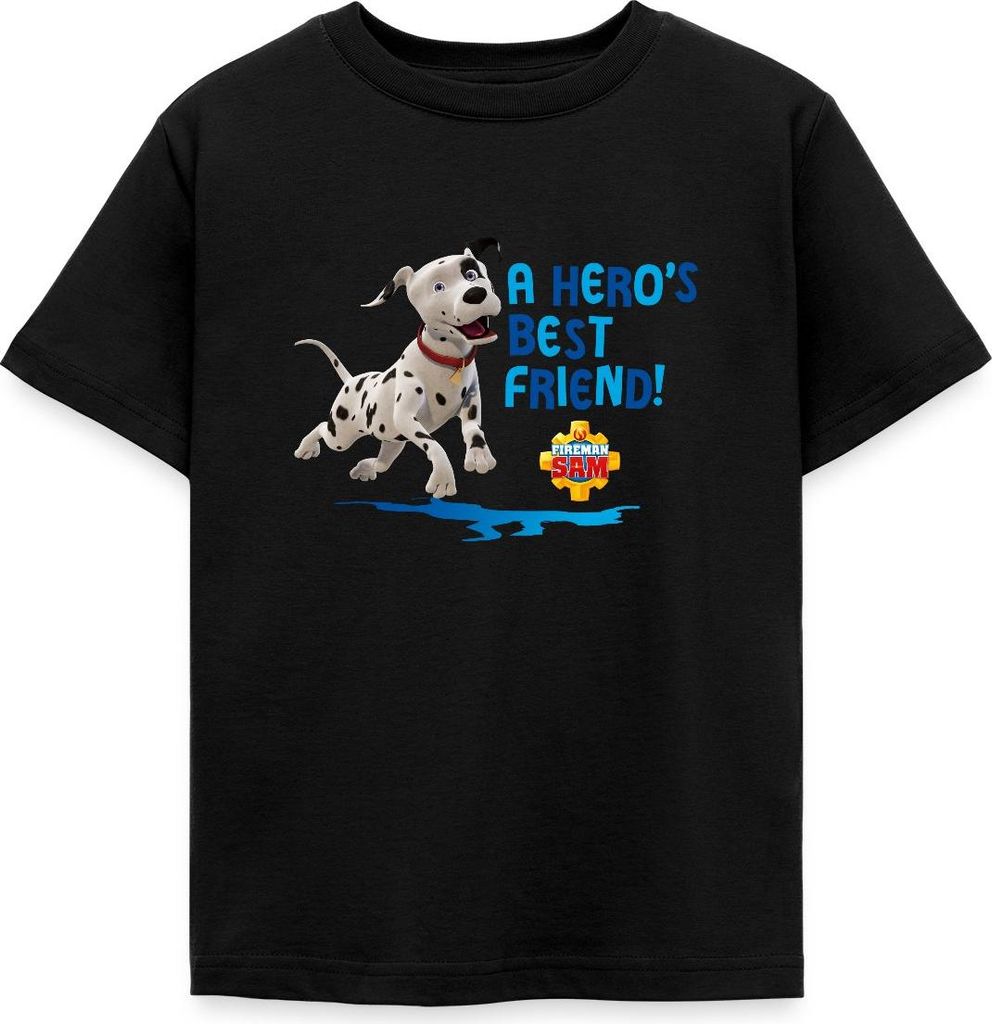 Spreadshirt Feuerwehrmann Sam Dalmatiner Schnuffi Süß Kinder T-Shirt, 122/128 (7-8 Jahre), Schwarz