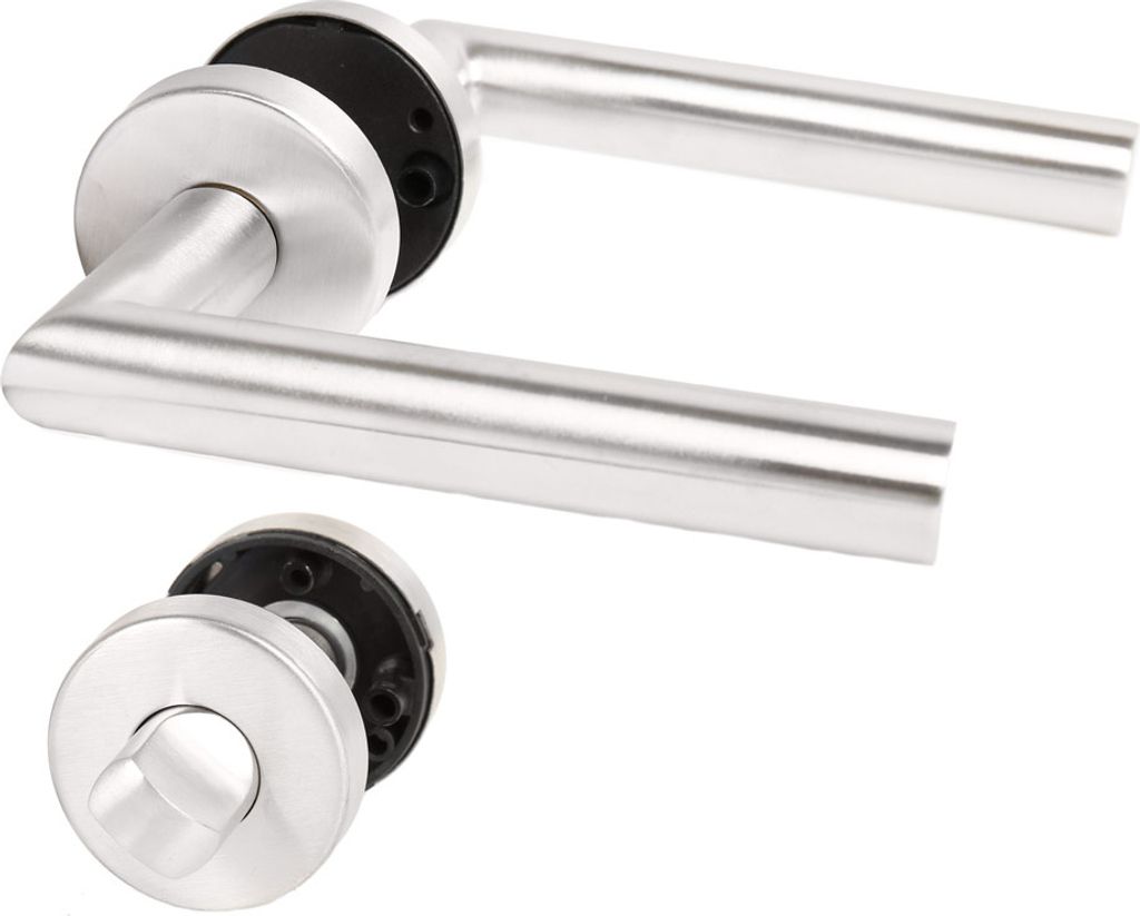 Two door handles and a lock mechanism are shown against a white background.