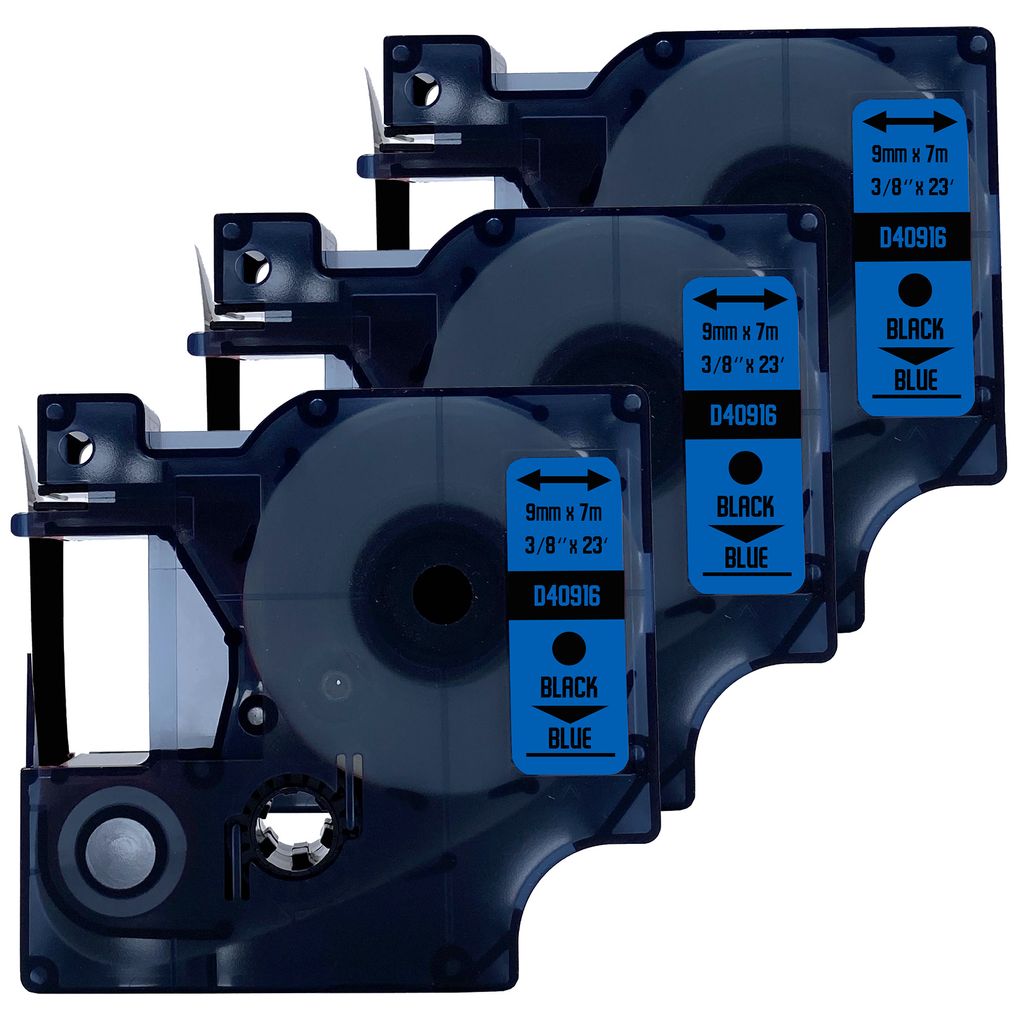 DULA Etikettenband - Kompatibel mit Dymo D1 40916 - 3 Stück - Schwarz auf blau - 9mm x 7m