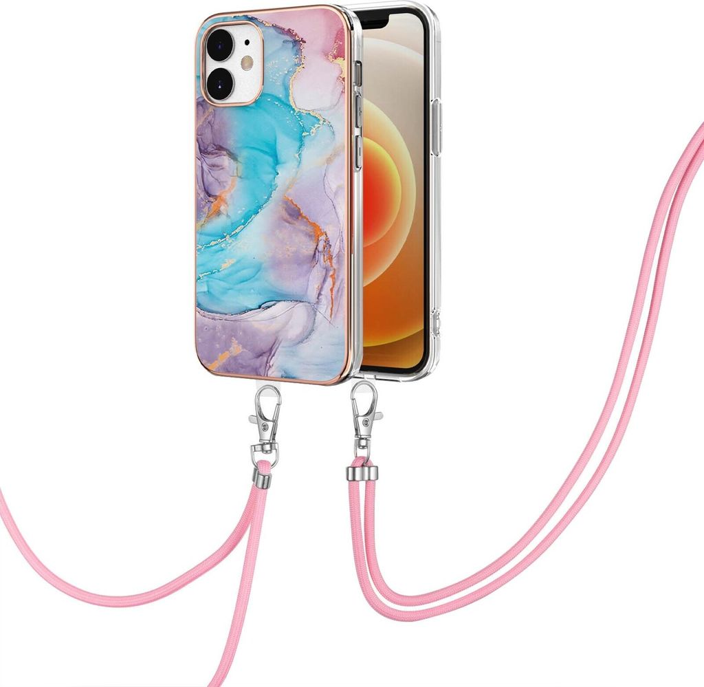 Handykette Hülle für iPhone 12 Muster TPU Schutzhülle mit verstellbarem Tragegurt Blau