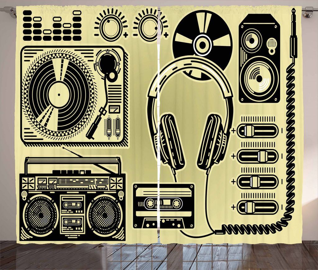 ABAKUHAUS HipHop Rustikaler Gardine, Plattenspieler Kopfhörer, Schlafzimmer Kräuselband Vorhang mit Schlaufen und Haken, 280 x 245 cm, Blassgelb ...