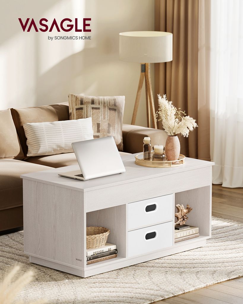 VASAGLE Couchtisch, höhenverstellbarer Wohnzimmertisch, 2 Schubladen und versteckte Fächer, Kaffeetisch, offene Fächer, für Wohnzimmer, Homeoffice
