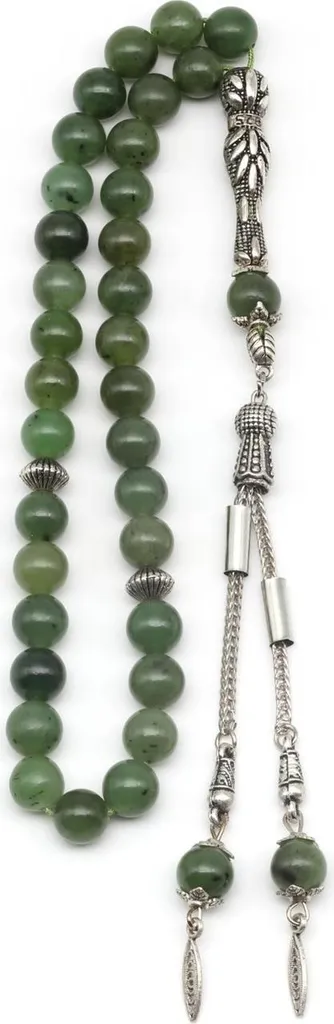 Tesbih en jade vert du Canada avec 33 grains et finitions en argent