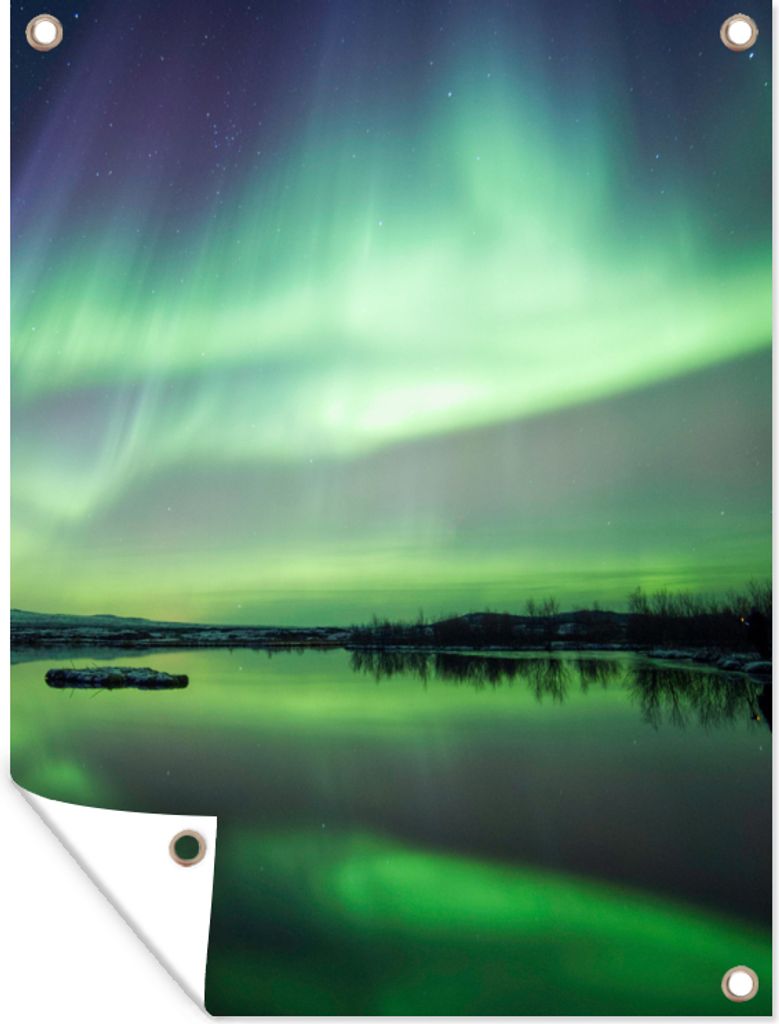 MuchoWow 90x120 cm Outdoor-Poster Gartendeko Sichtschutz Garten Poster für den Garten Nordlicht - See - Island - Grün - Wald - Schnee