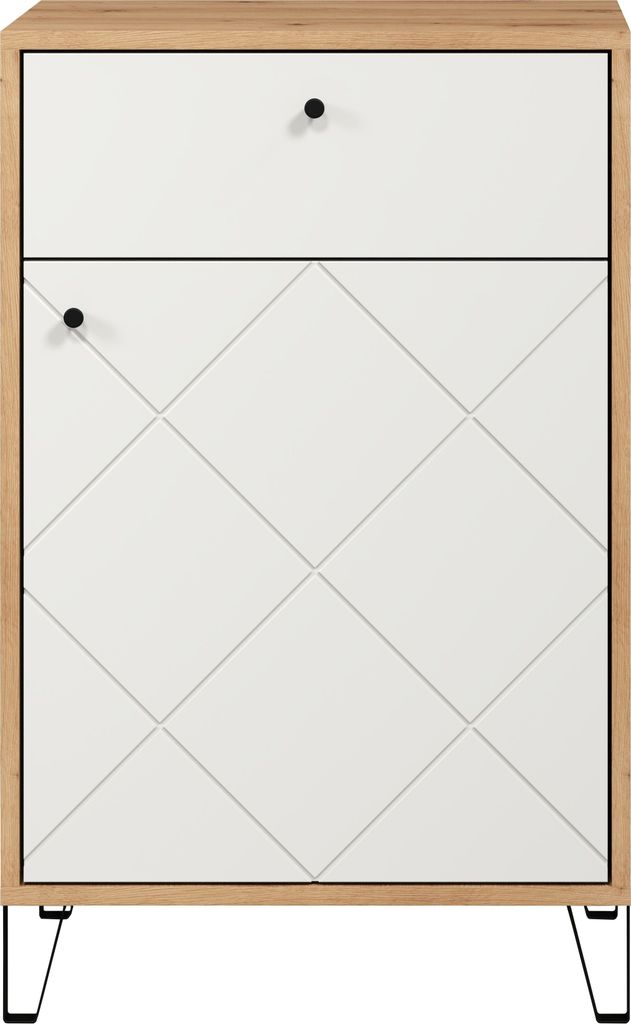 A front view of a white and light brown dresser with black legs.
