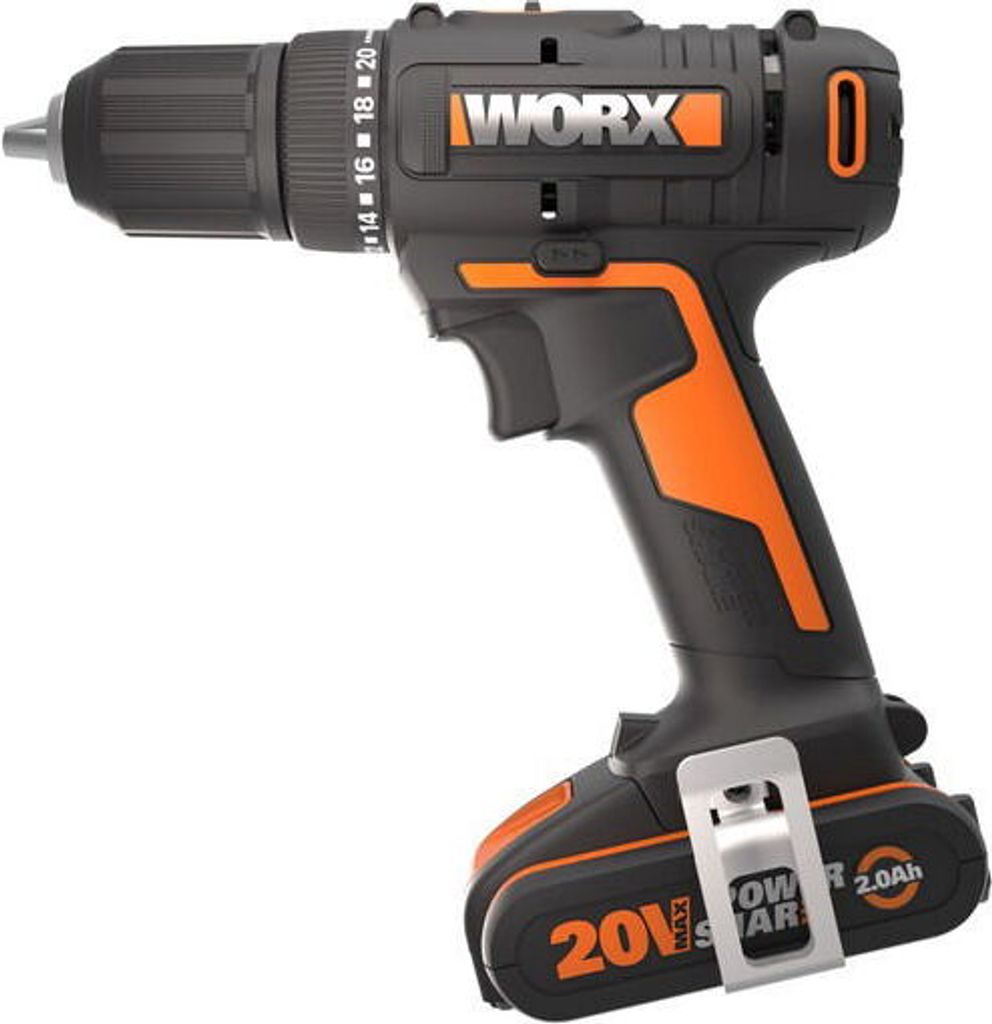 A black and orange WORX cordless drill is shown against a white background.