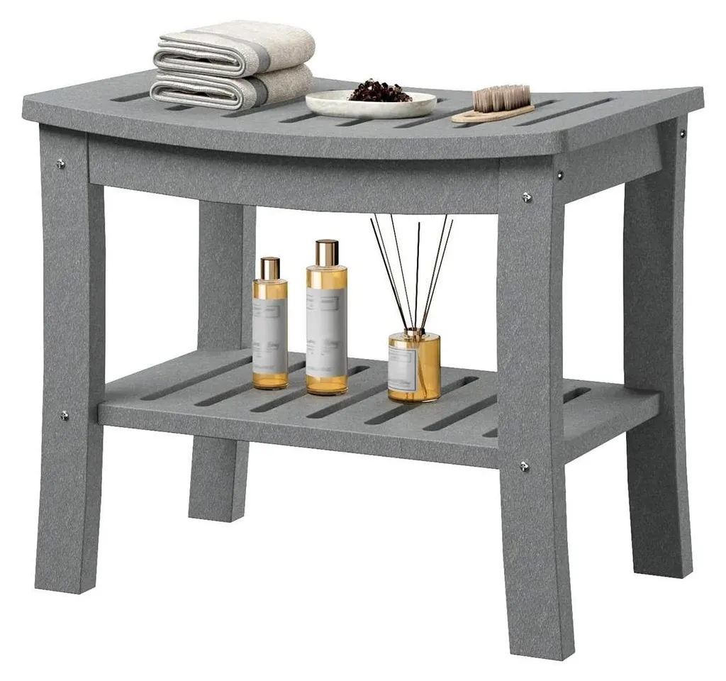 Banc de douche étanche gris avec tablette de rangement basse robuste