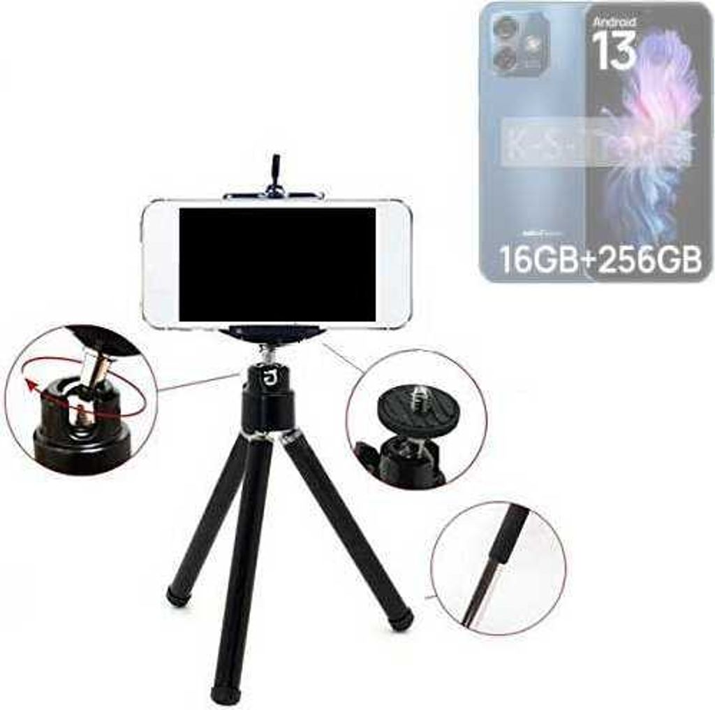 K-S-Trade Smartphone Stativ Dreibein kompatibel mit Ulefone Note 16 Pro Tripod aus Aluminium Klemmstativ Stativ Adapter für Mobiltelefone schwarz 1x