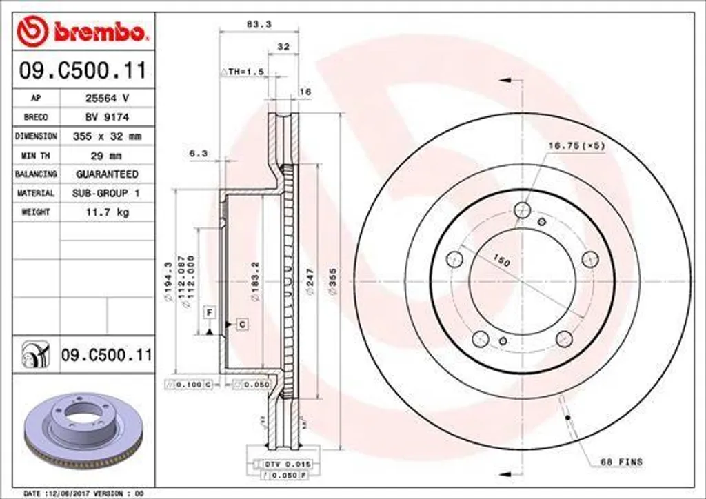 Brembo 09.C500.11 Disque de frein fonte haute teneur carbone pour Toyota