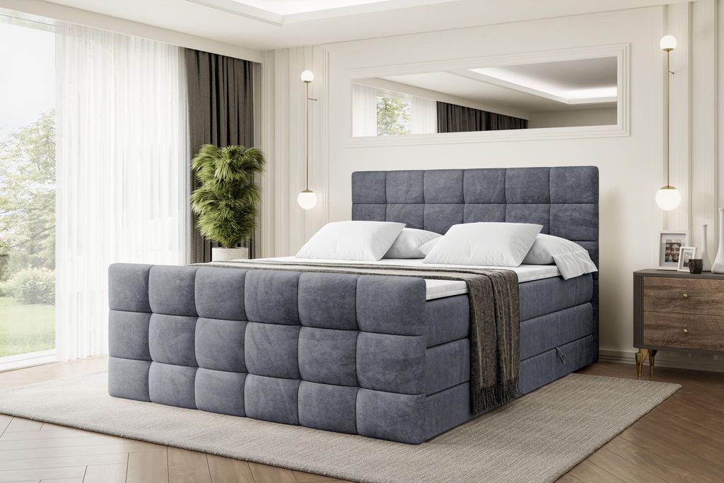 ALTDECOR Boxspringbett mit Matratze und Lattenrost - BRUGO -Z KING - 180x200 cm - Dunkelgrau Samt - Topper, Fußteil, Polsterbett mit Bettkasten, B...