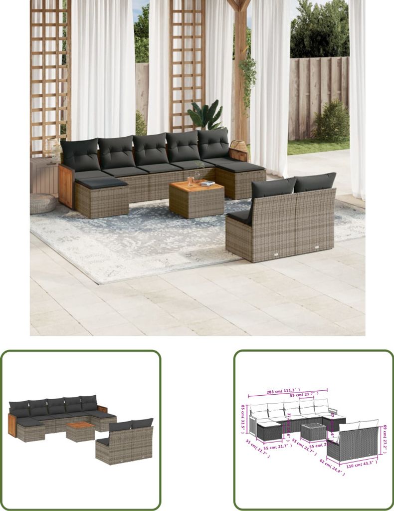 The Living Store 10-tlg. Garten-Sofagarnitur mit Kissen Grau Poly Rattan