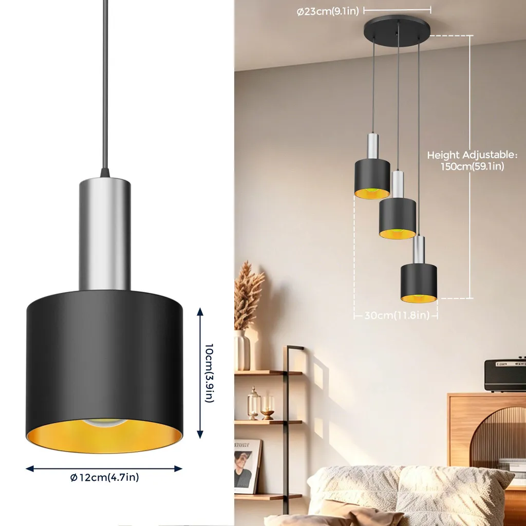 XMTECH Suspension Industrielle E27 3 Lampes Noir Argent Métal pour Salon