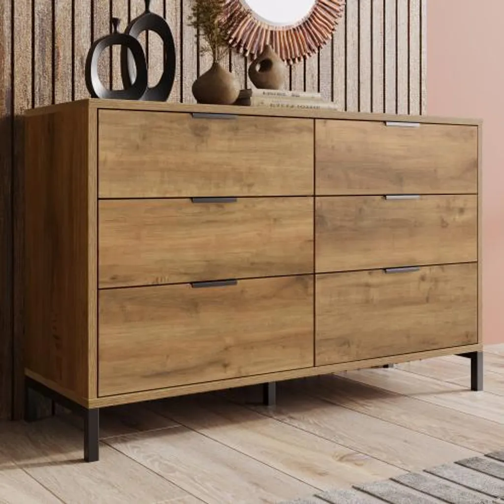 Buffet bas 6 tiroirs AIORBER, Meuble de Rangement Industriel Chêne Foncé