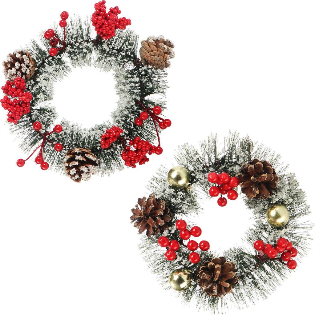 COM-FOUR 2x Tischkranz Weihnachten - Adventskranz mit Pinienzapfen, Beeren und Kunstschnee - Dekokranz - Weihnachtsdeko - Weihnachtskranz