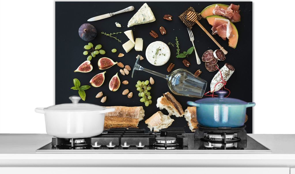 KitchenYeah Spritzschutz Küche - Küchenrückwand - Wandschutz für Herd und Spüle - Wein - Obst - Käse 80x55 - Alu-Dibond (Alternative zum S...