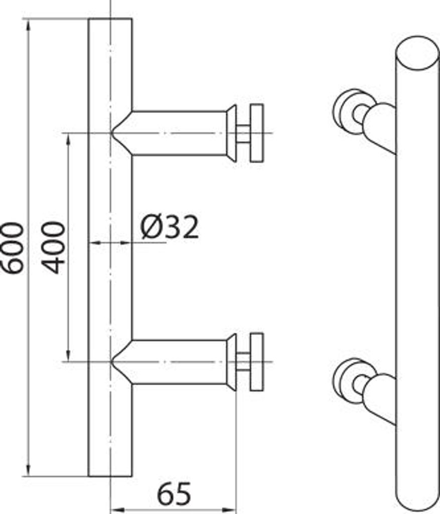 INOX einseitiger gerader Griff B-Harko fi 32 600x400 matt, Edelstahl SS304