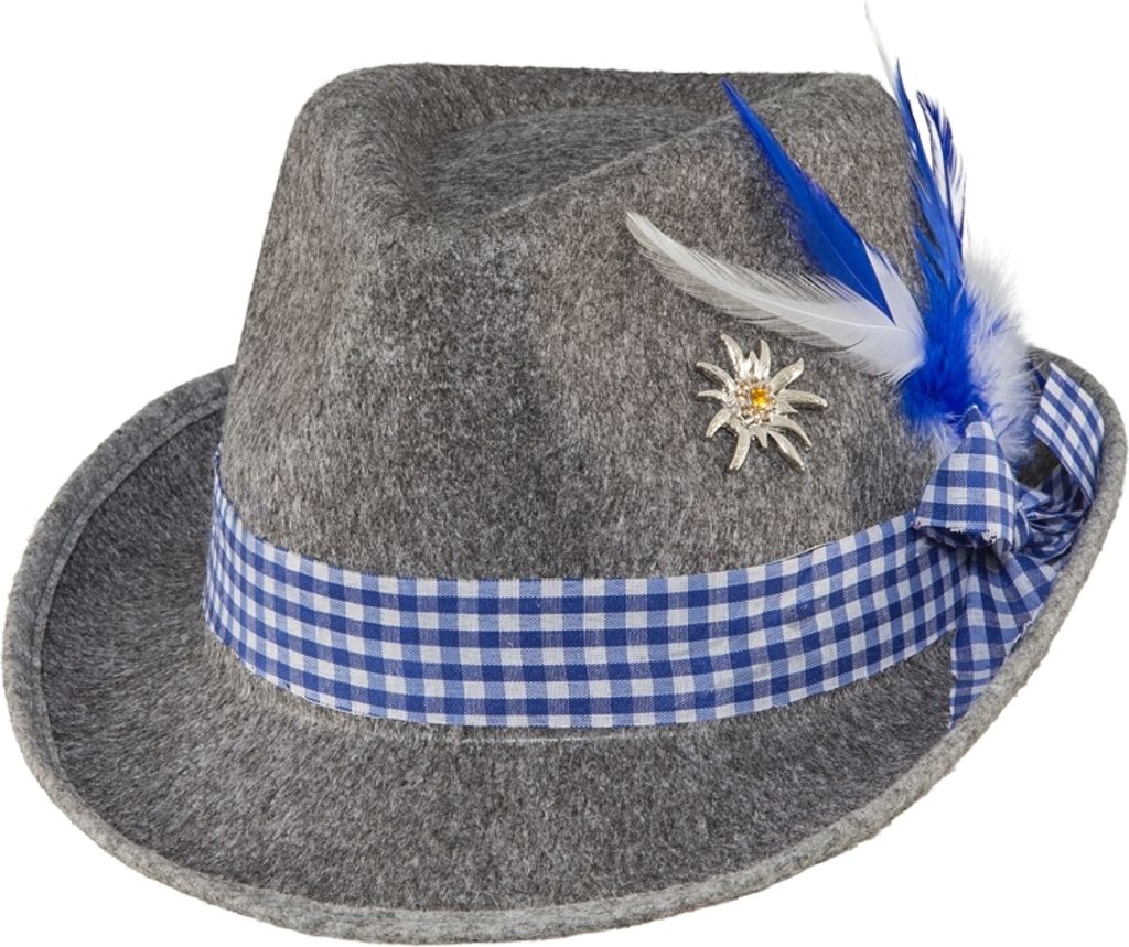 Trachtenhut Moni grau-blau mit blau kariertem Hutband und Produktbild 