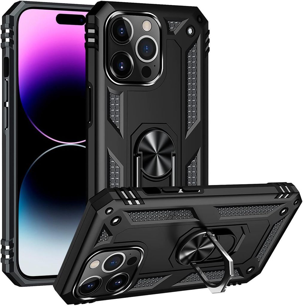 Conie Outdoor Schutzhülle für iPhone 14 Pro Tasche Silikon Hard Case Cover Hülle mit Halter Ständer in Schwarz