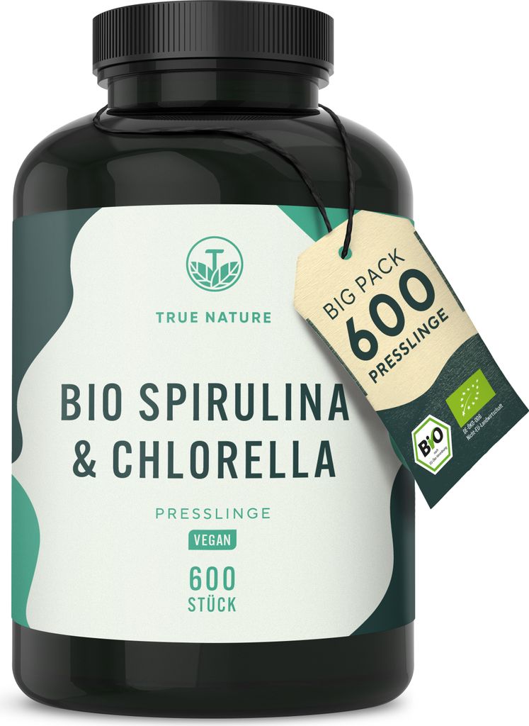 Spirulina & Chlorella Tabletten – 600 Presslinge, Eisen & VB12, TRUE NATURE