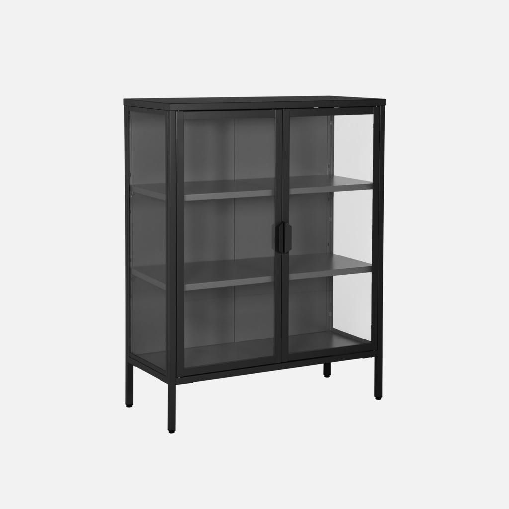 sweeek - Schrank aus Stahl und gehärtetem Glas, 2 Türen, 80 cm - Schwarz