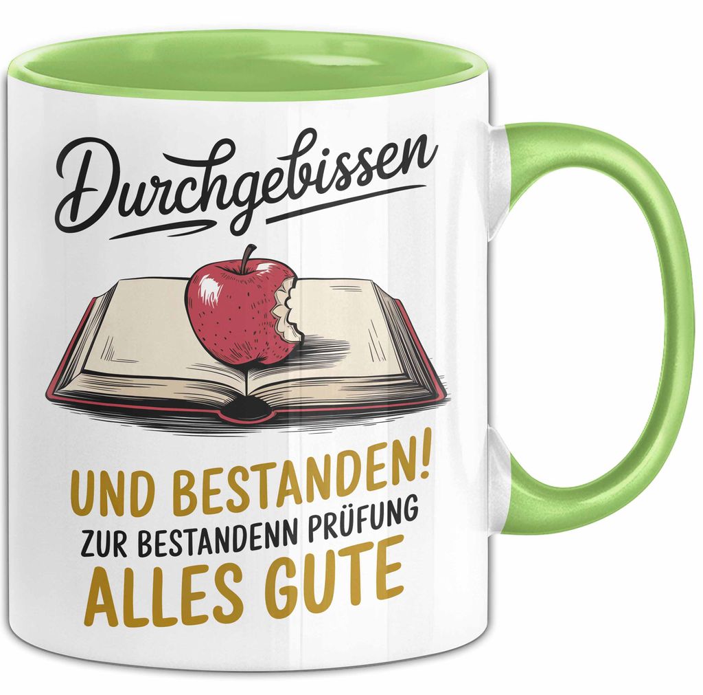 Schüler Abschluss Tasse Geschenk Lustige Geschenkidee Spruch Durchgebissen Und Bestanden (Grün)