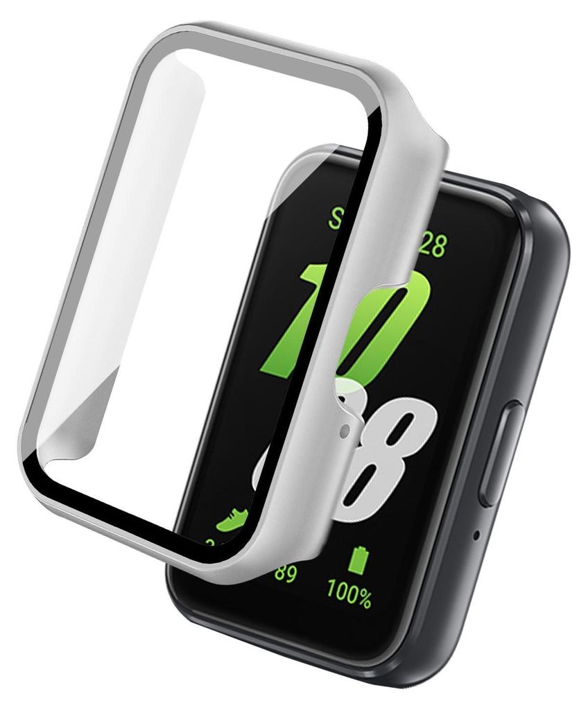 A smartwatch case is shown being placed onto a smartwatch.