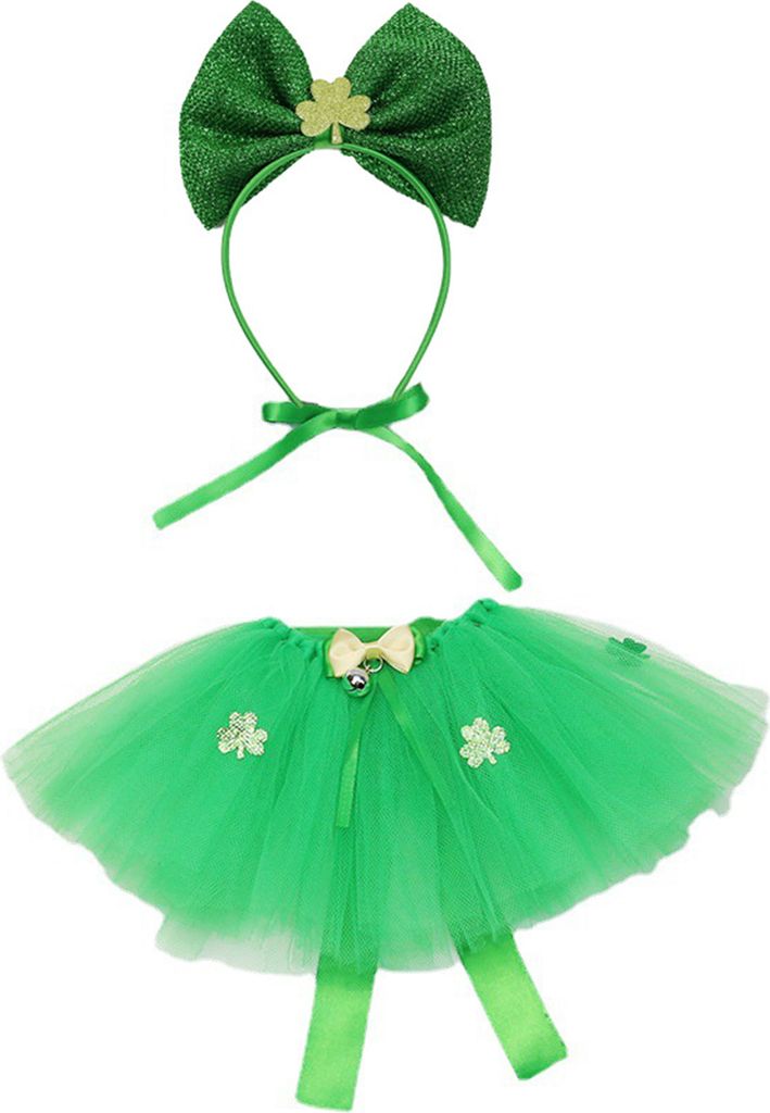 St. Patrick's Day Hunde-Netzrock-Stirnband-Set, Mardi Gras Mädchen Hunde-Tutu-Rock und Glitzerschleife-Haarband, Welpen-Prinzessin-Anziehkostüm-R...