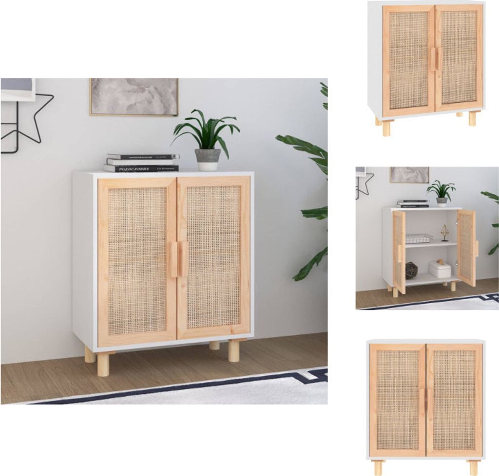 vidaXL Sideboard Weiß 60x30x70 cm Massivholz Kiefer und Natur-Rattan - Sideboards