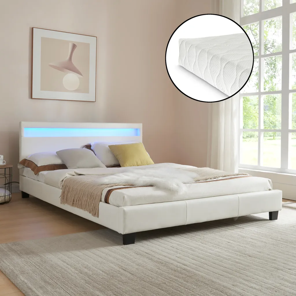 Lit Double 140x200 cm Design avec Matelas pour Chambre Adulte et LED