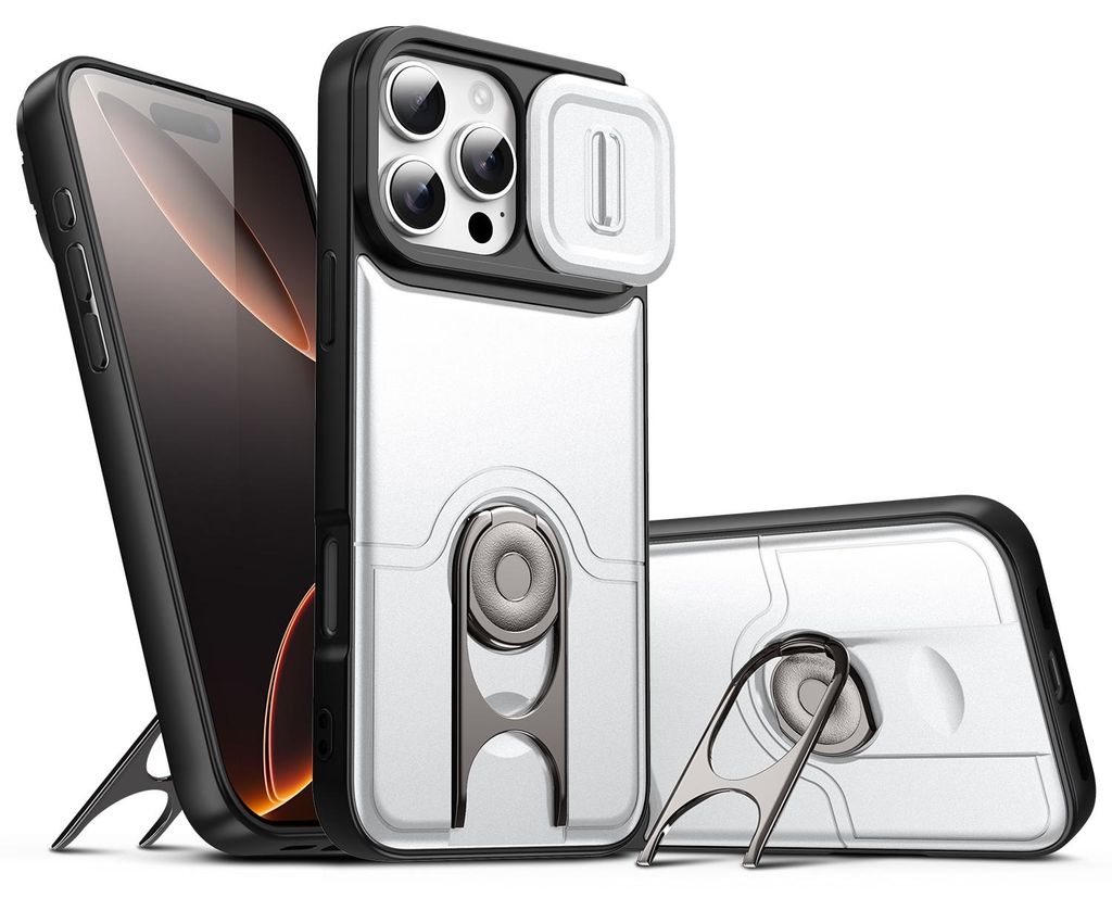 Handyhülle für iPhone 11 Pro Max mit Dia Kameraschutz und Ringhalter Ständer, Stoßfeste Hybrid Schutzhülle Silber