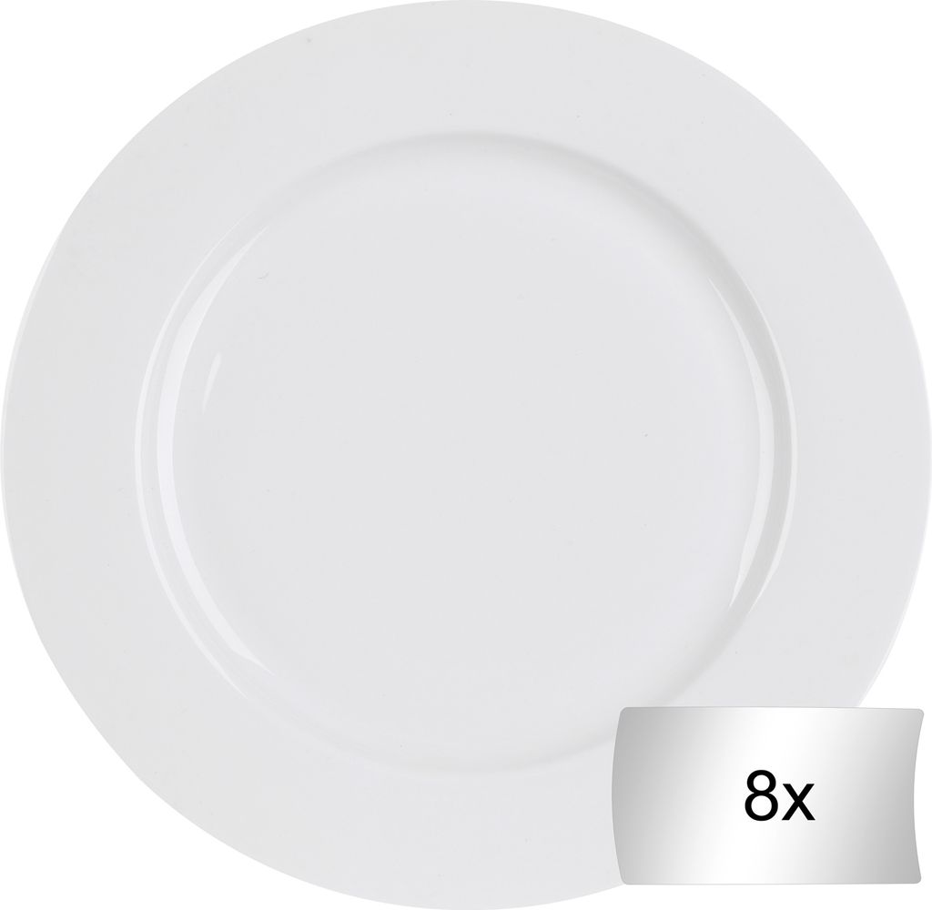 A single white dinner plate shown from a top-down perspective.