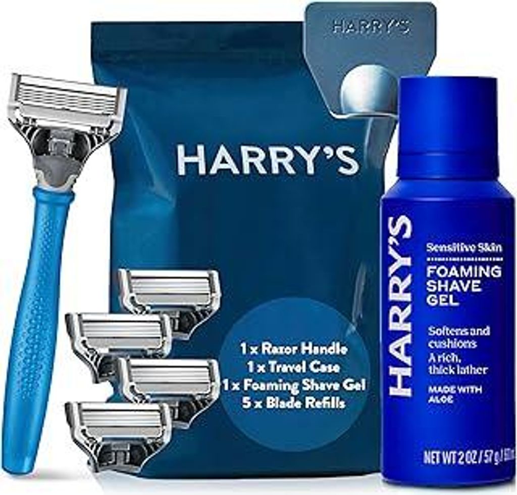 Harry's Rasier-Set für Männer - Nassrasierer mit 5 Klingen, Blauer Griff, Reise-Cover, 60ml Rasiergel