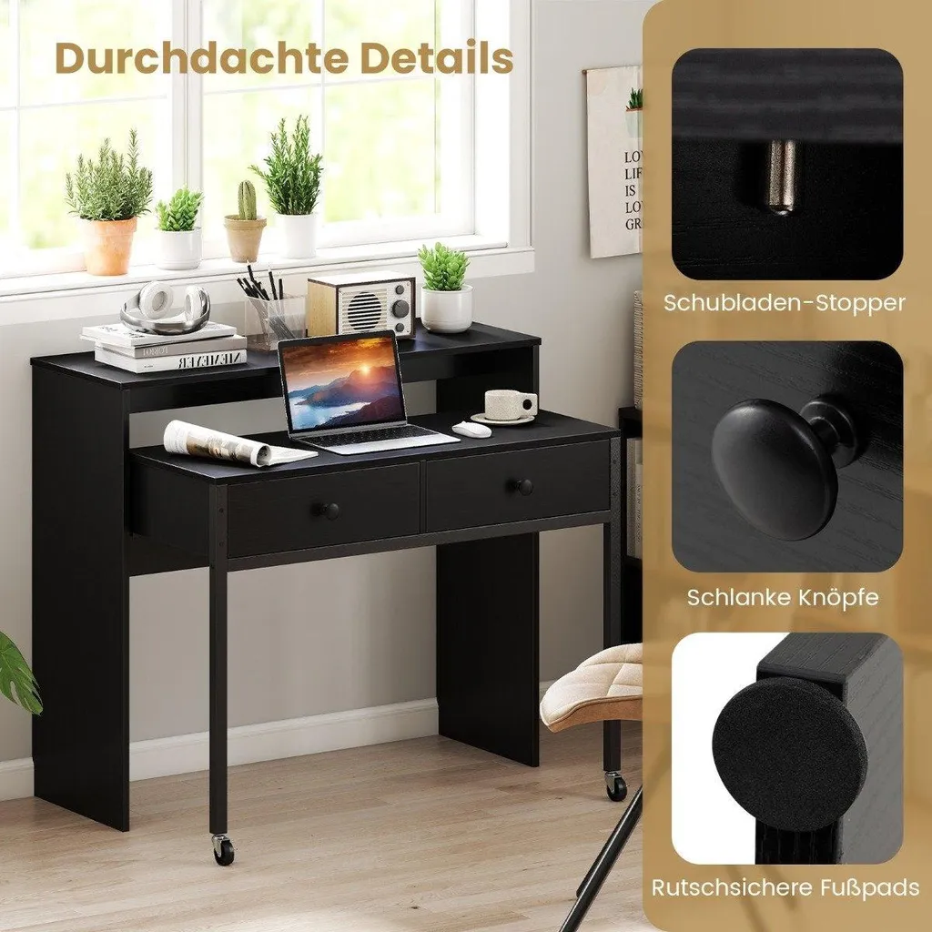 Bureau extensible noir solution gain de place avec tiroirs et roulettes - 5