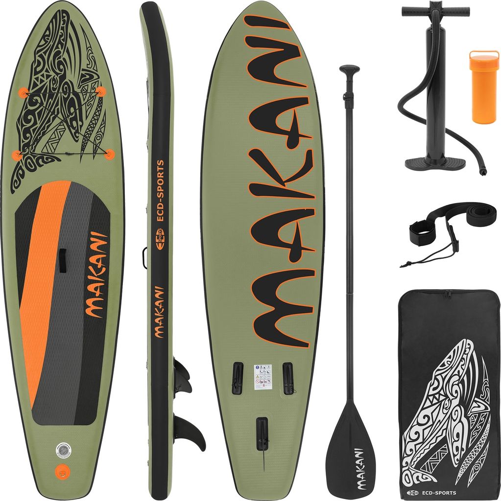 ECD Germany Aufblasbares Stand Up Paddle Board Makani, 320 x 80 x 15 cm, Olive, PVC, bis 120 kg, Pumpe Tragetasche Zubehör