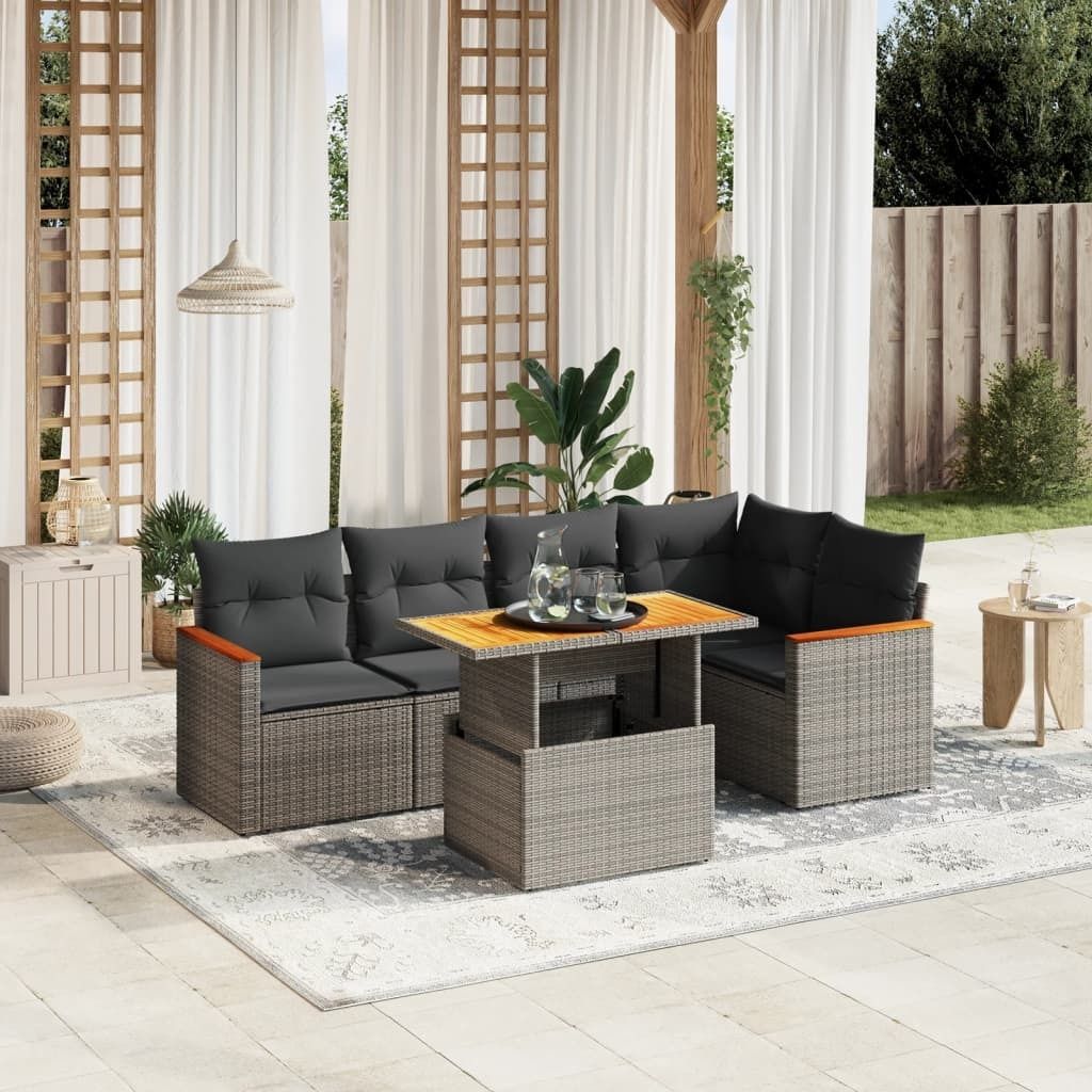 Möbel 6-tlg. Garten-Sofagarnitur mit Kissen Grau Poly Rattan - Sitzgruppe 3273069
