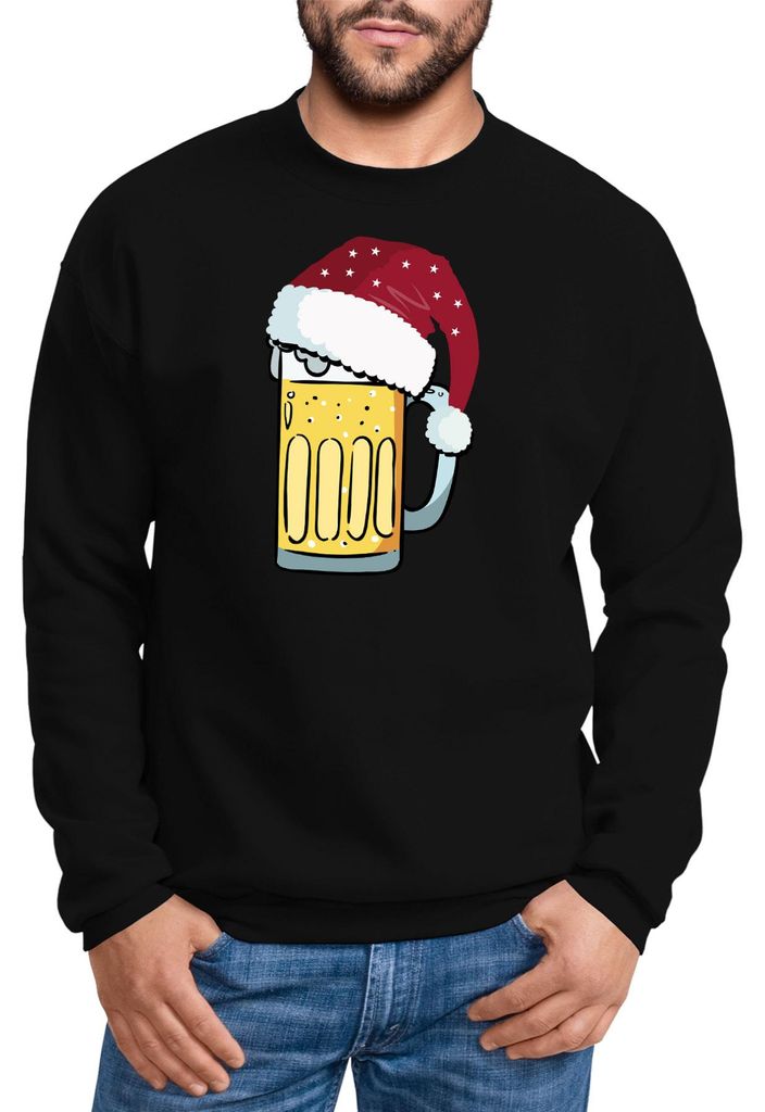 Sweatshirt Herren Weihnachten lustig Bier Trinken Bierglas Weihnachtsmotiv Alkohol Rundhals-Pullover Moonworks schwarz L