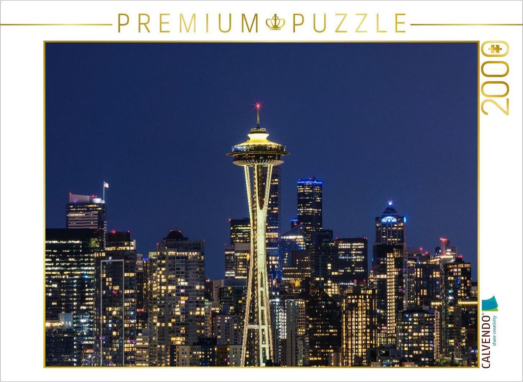 CALVENDO Puzzle Atemberaubende Panorama Skyline von Seattle zur blauen Stunde | 2000 Teile Lege-Größe 90x67cm Foto-Puzzle für glückliche Stunden