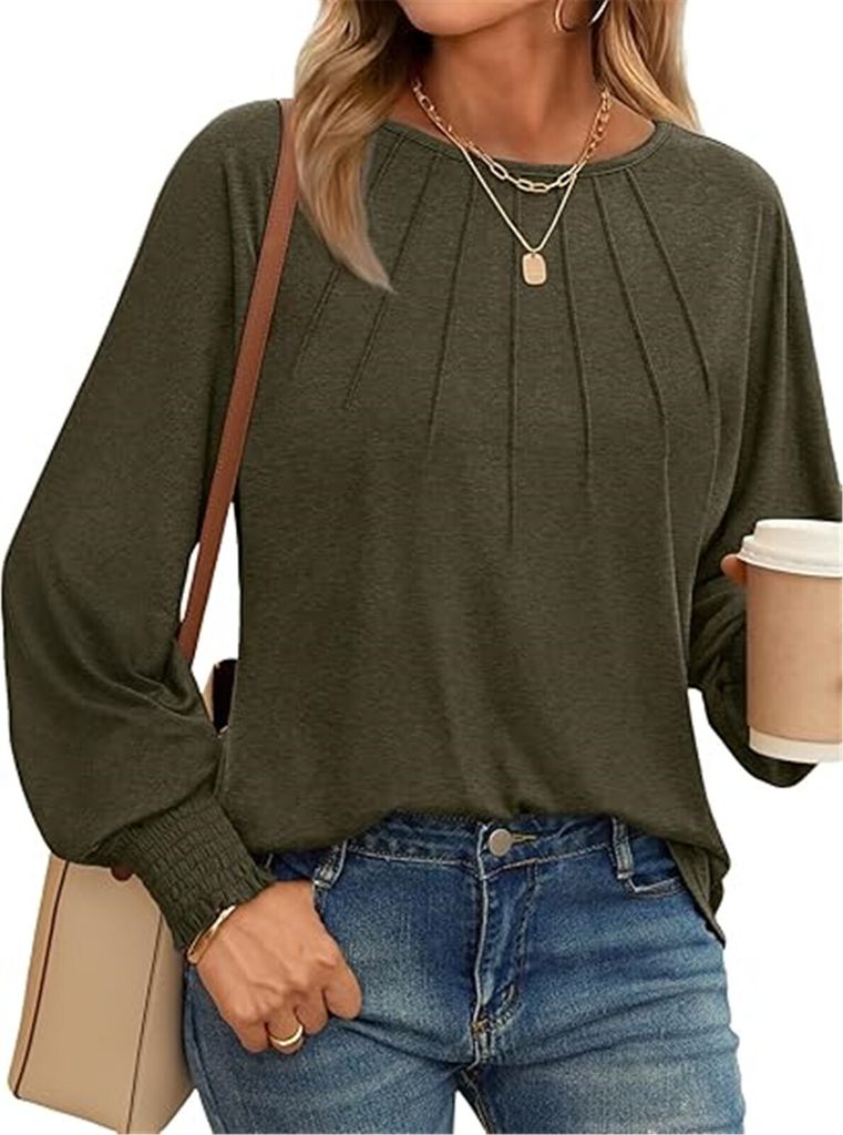 ASKSA Damen T-Shirt Rundhals Langarm Shirt Plissee Laessig Basic Bottoming Bluse Elegant Tunika Oberteile (Gruen,XXL)