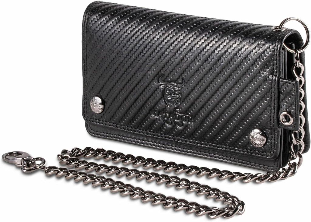 Biker Geldbörse Leder mit Kette Herren Schwarz Carbon RFID Schutz Portemonnaie groß viele Kartenfächer Münzfach Metallkette Geschenkbox