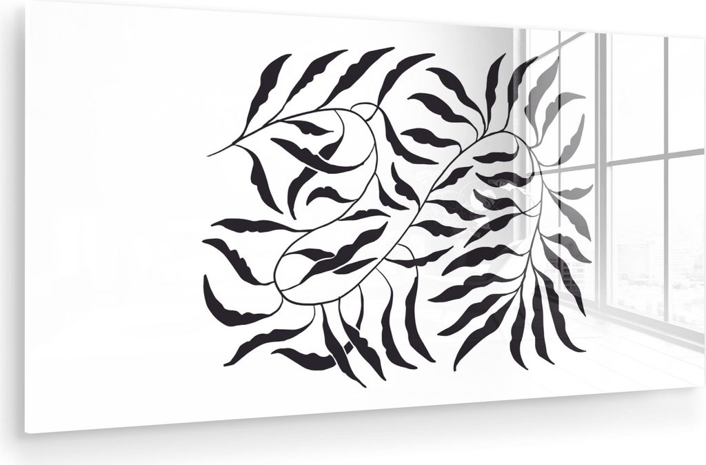 MuchoWow Glasbilder - Bilder auf Wandbild - Foto auf Glas Blätter - Pflanzen - böhmisch - weiß - abstrakt 80x40 cm Wanddekoration aus Glas - Acr...