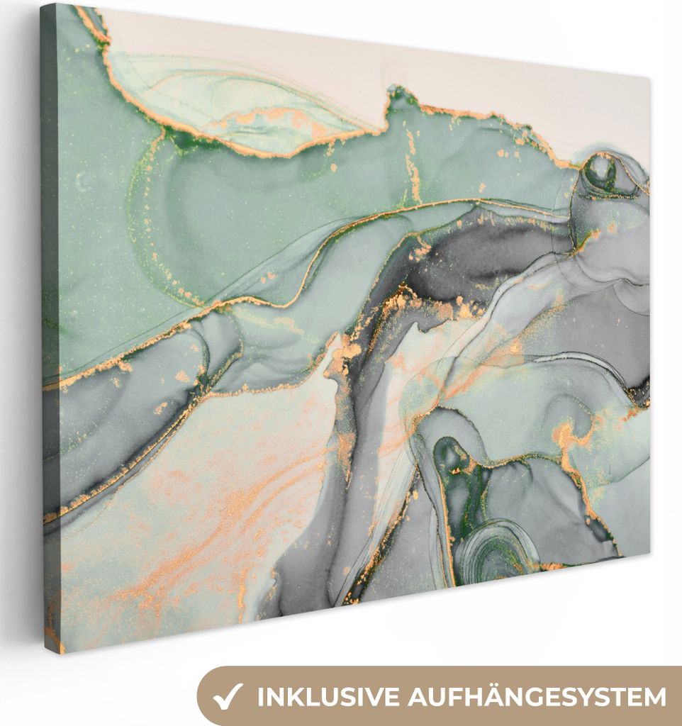 MuchoWow - Leinwandbilder - Gold - Marmor - Grün - Luxus - Glitzer - Marmoroptik, Wandbild, Wanddeko Bilder Wohnzimmer, 120x90 cm