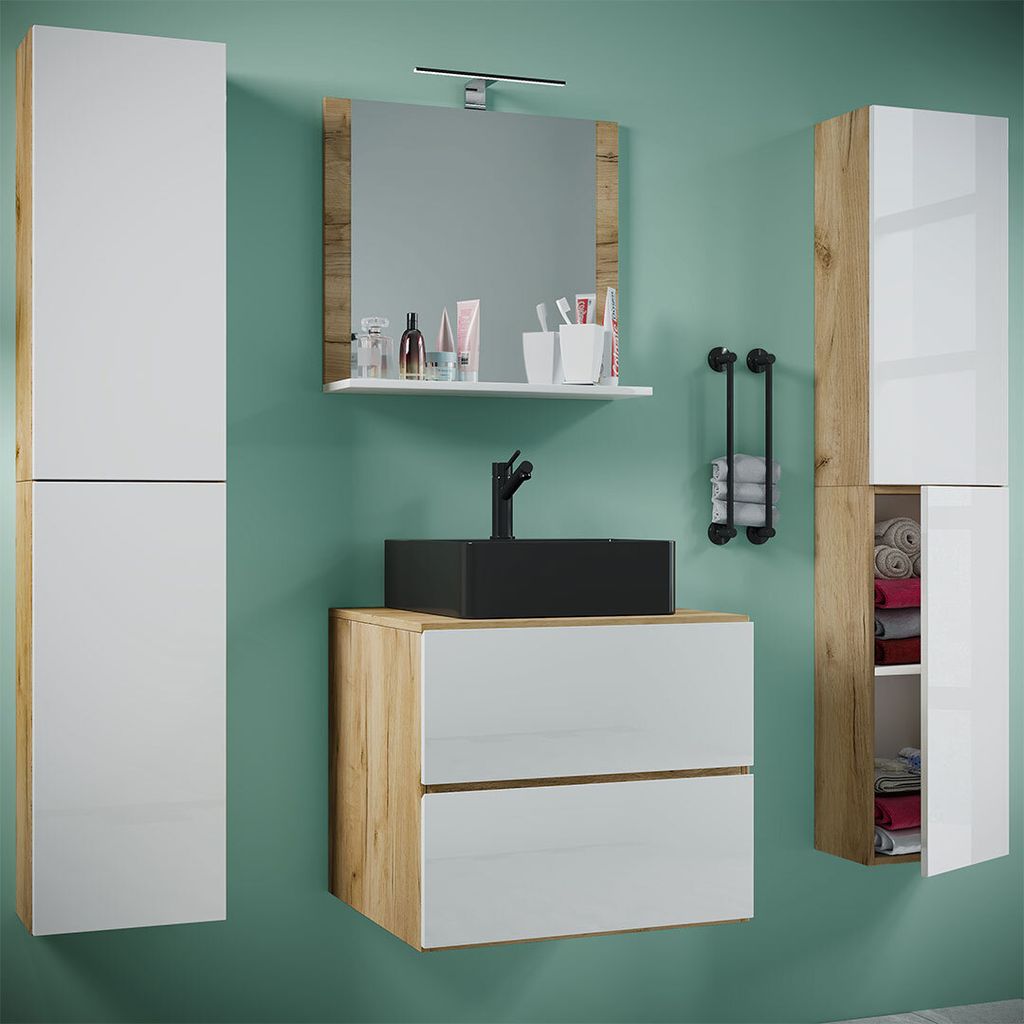 VCM 5-tlg. Waschplatz Waschtisch | schwarzes Waschbecken Unterschrank Breite 60 cm | Badmöbel Set mit Schubladen Drehtüren Spiegel | Lendas S BL