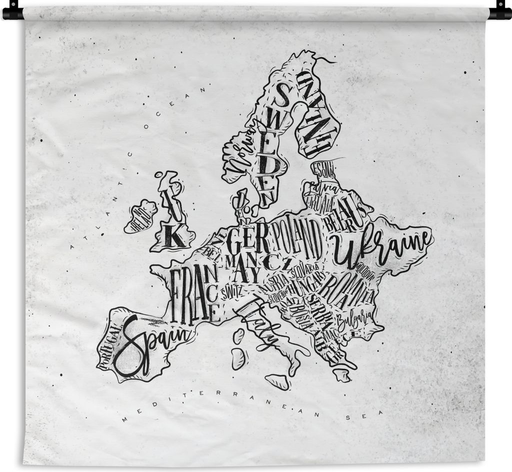 MuchoWow Wandteppich Wandbehang Karte - Europa - Schwarz - Weiß 150x150 cm Tapisserie Dekoration Wandtuch - Wohnaccessoires - Modernes