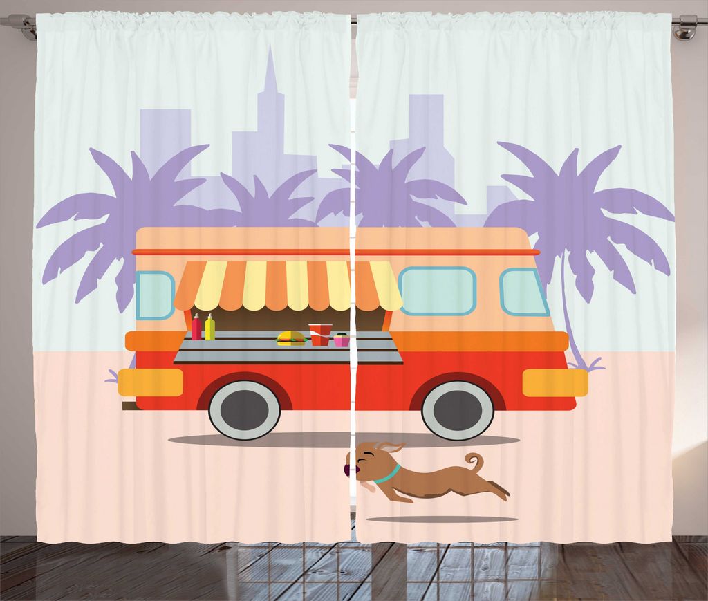 ABAKUHAUS Vintage Trucks Rustikaler Gardine, Street Food Van Dog, Wohnzimmer Universalband Gardinen mit Schlaufen und Haken, 280 x 225 cm, Mehrfarbig