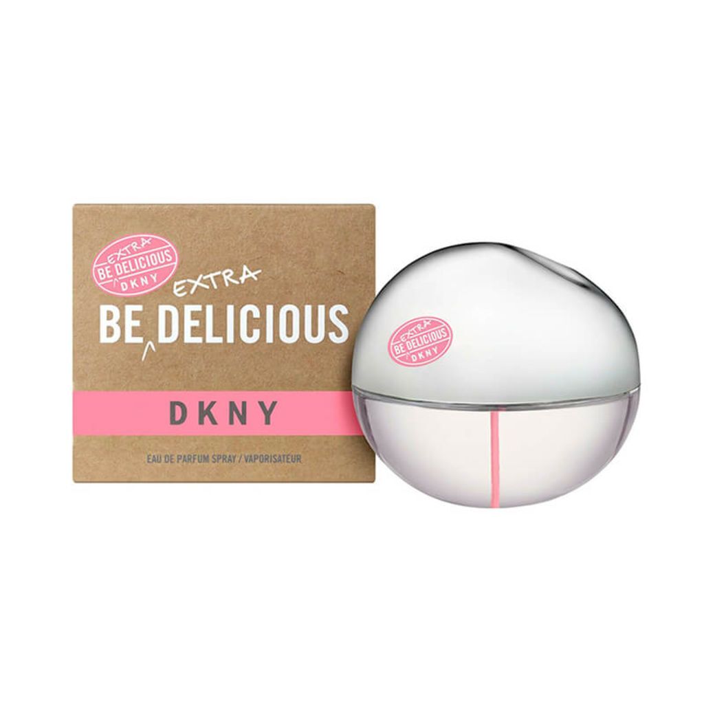A product shot of DKNY Be Delicious Extra Eau de Parfum for women, with its packaging.