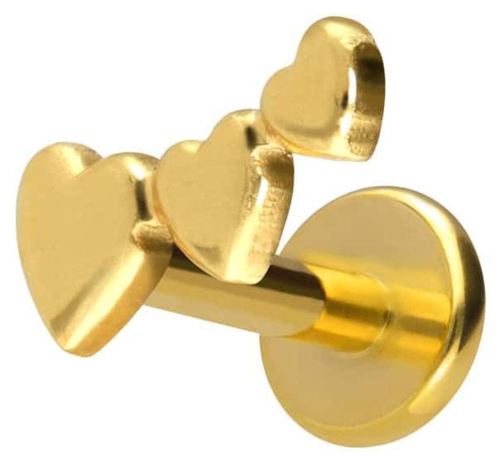 Ohrpiercing, Nasenpiercing Titan Labret mit Push Fit 3 HERZEN Gold Stablänge: 8mm | Stabstärke: 1,2mm
