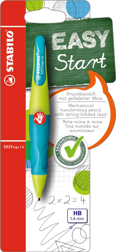 Ergonomischer Druck-Bleistift für Rechtshänder - STABILO EASYergo 1.4 in neonlimonengrün/aquamarin - Einzelstift - inklusive 3 dünner Minen - H...