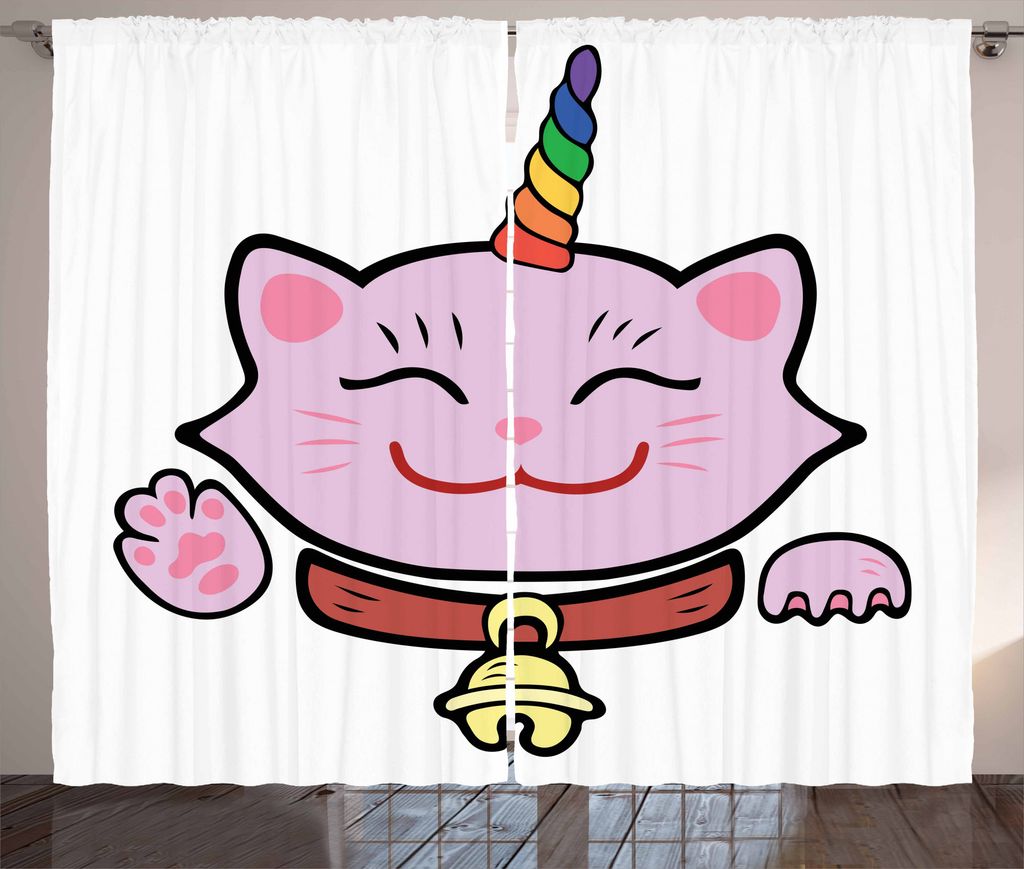 ABAKUHAUS Katze Rustikaler Gardine, Rosa Maneki Neko, Schlafzimmer Kräuselband Vorhang mit Schlaufen und Haken, 280 x 175 cm, Mehrfarbig