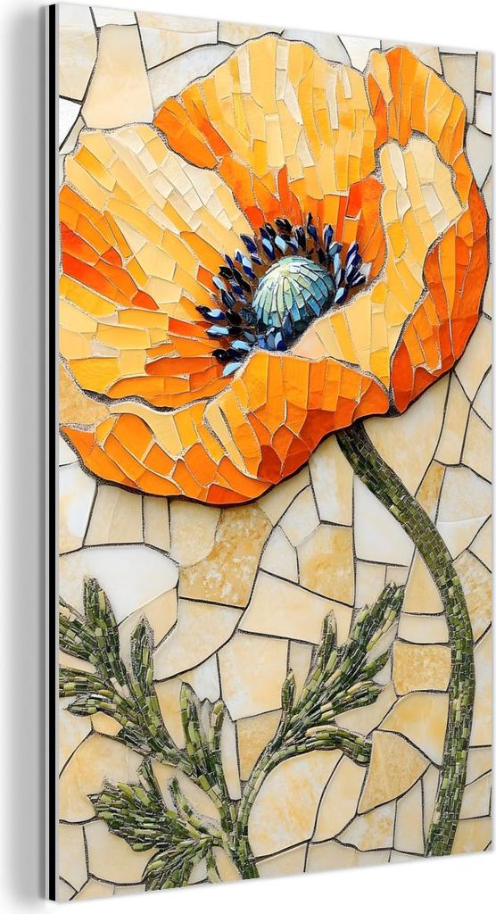 MuchoWow Wanddekoration Metall Metallbild Wandkunst 40x60 cm Mohnblumen - Orange - Mosaik - Blätter MuchoWow Aluminium Gemälde - Wanddekoration a...