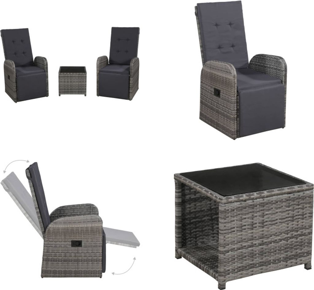 vidaXL 3 tlg. Bistro Set mit Auflagen Poly Rattan Grau - Bistro-Set - Bistro-Sets - Sessel Und Tisch - Sessel Und Tische
